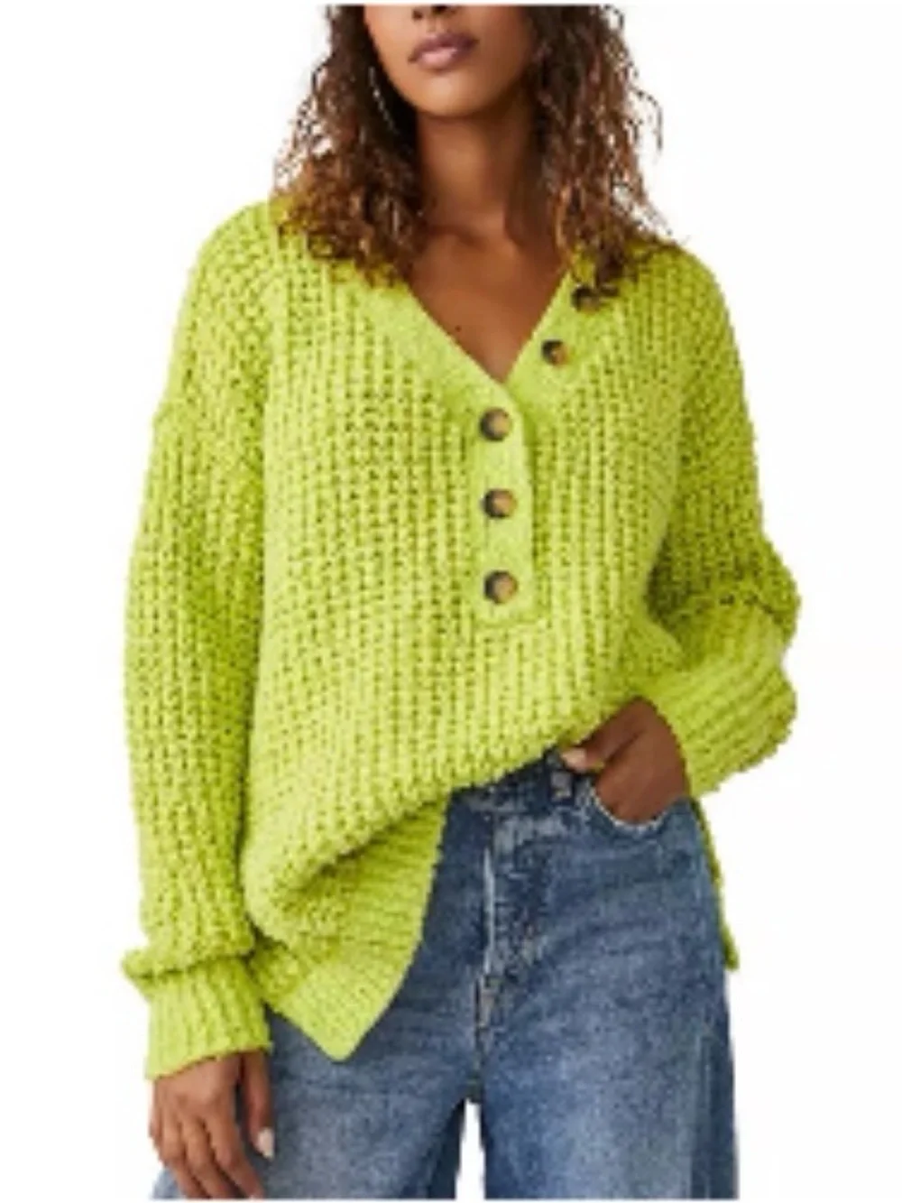 Free People Neon Yellow Chunky V-Neck Button Knit Oversized Sweater Size M